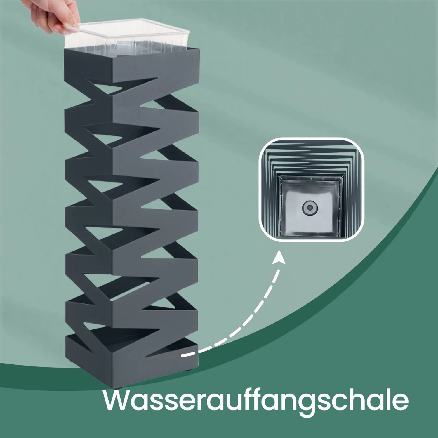 Quadratischer, grauer Songmics Schirmständer Patsy aus Metall mit herausnehmbarer Abtropfschale.