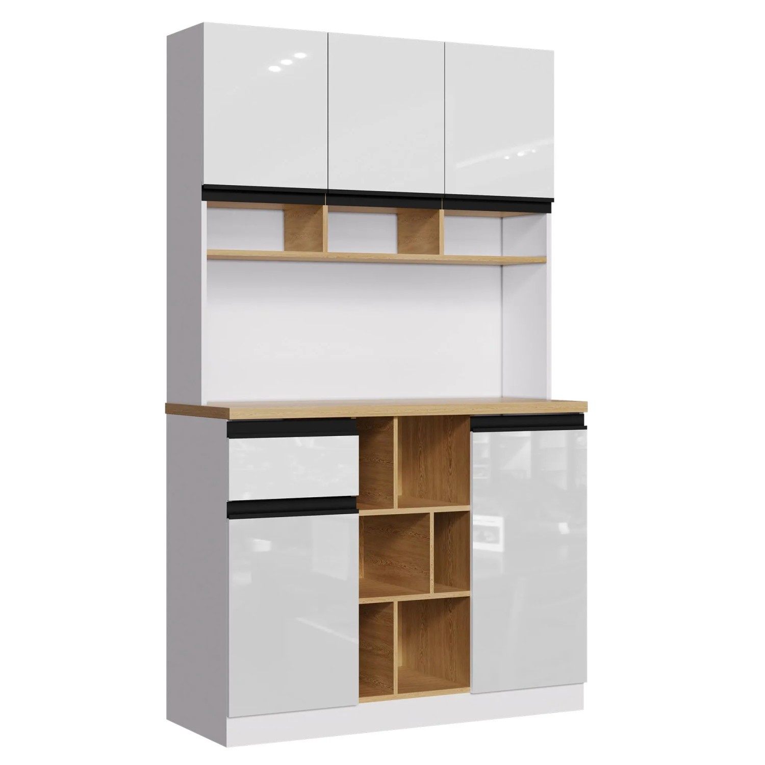 okwish Küchenschrank mit Hochglanztüren Metallgriffen Küche 105x45x185cm Weiß