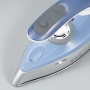 Detailaufnahme: Severin Reise-Dampfbügeleisen BA 3234 in Silber-Blau mit Temperaturregler und Dampfknopf.