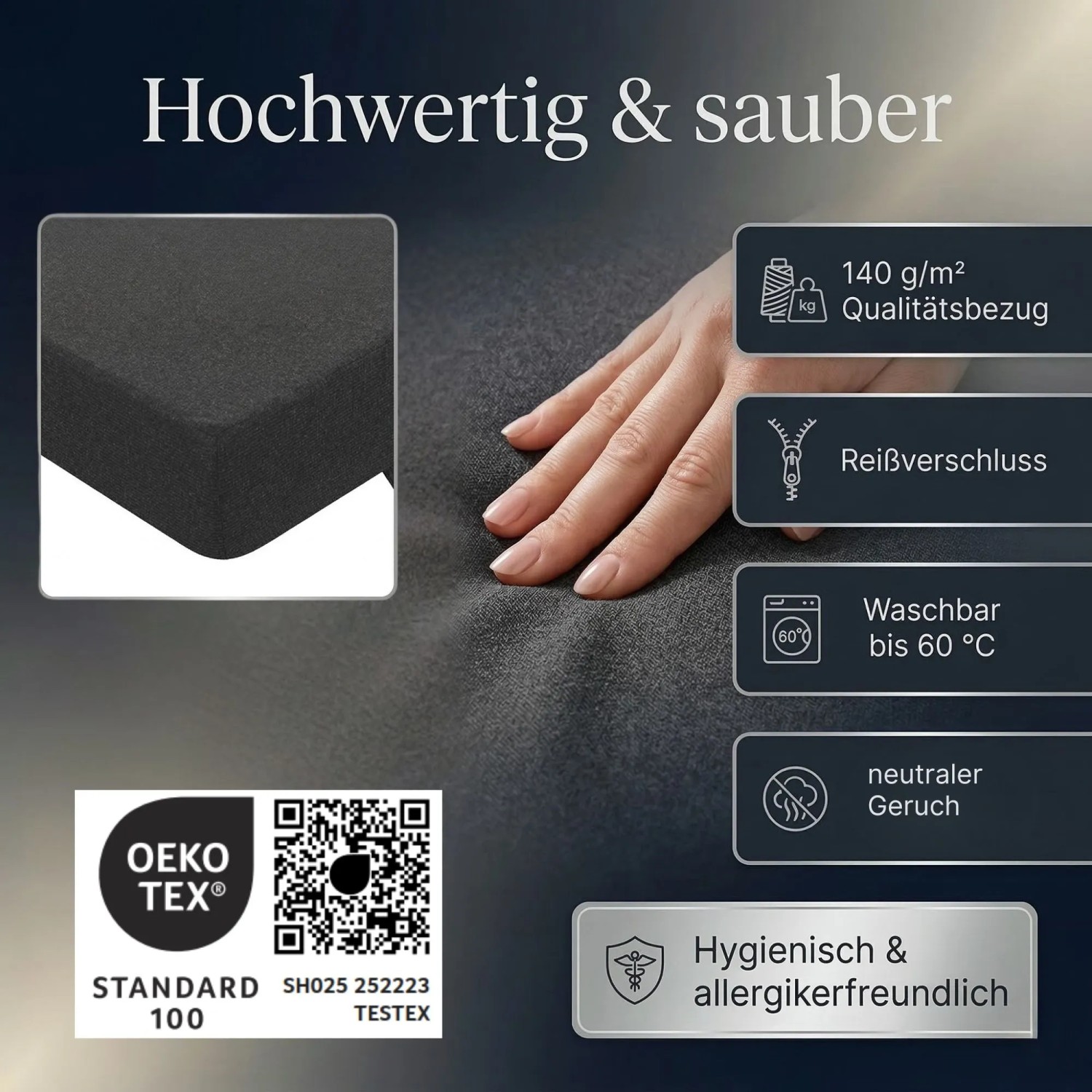 Qualitätsbezug der Klappmatratze: waschbar bis 60°C, mit Reißverschluss, hygienisch, allergikerfreundlich, OEKO-TEX Standard 100.