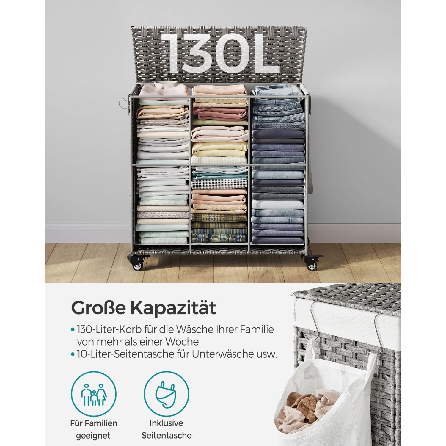 Grauer Songmics Wäschekorb mit Deckel, 140 l, 3 Fächer, mit Rollen.