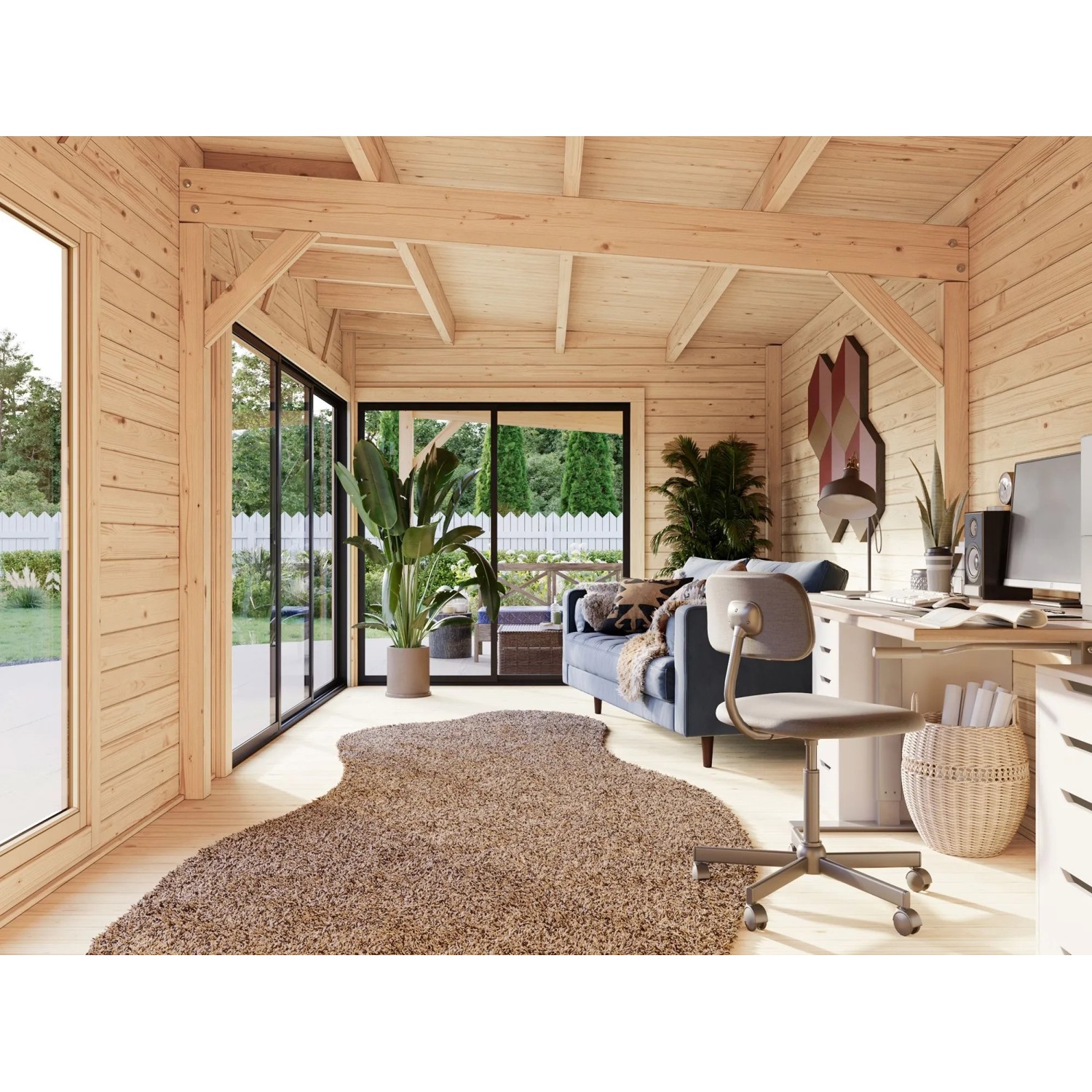 Innenansicht: Dunkelgraues Palmako Holz-Gartenhaus mit Pultdach als Büro eingerichtet.