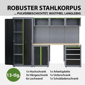 TRUTZHOLM Werkstattwand, 13-teilig, mit Werkzeugschränken, Lochwand und Arbeitsplatte aus Stahl.