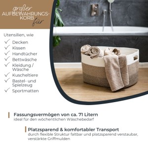 HMF 39013-55CM-80 XXL Wäschekorb Baumwolle Eckiger Aufbewahrungskorb Griffen 55 x 43 x 30 cm Weiß-Braun