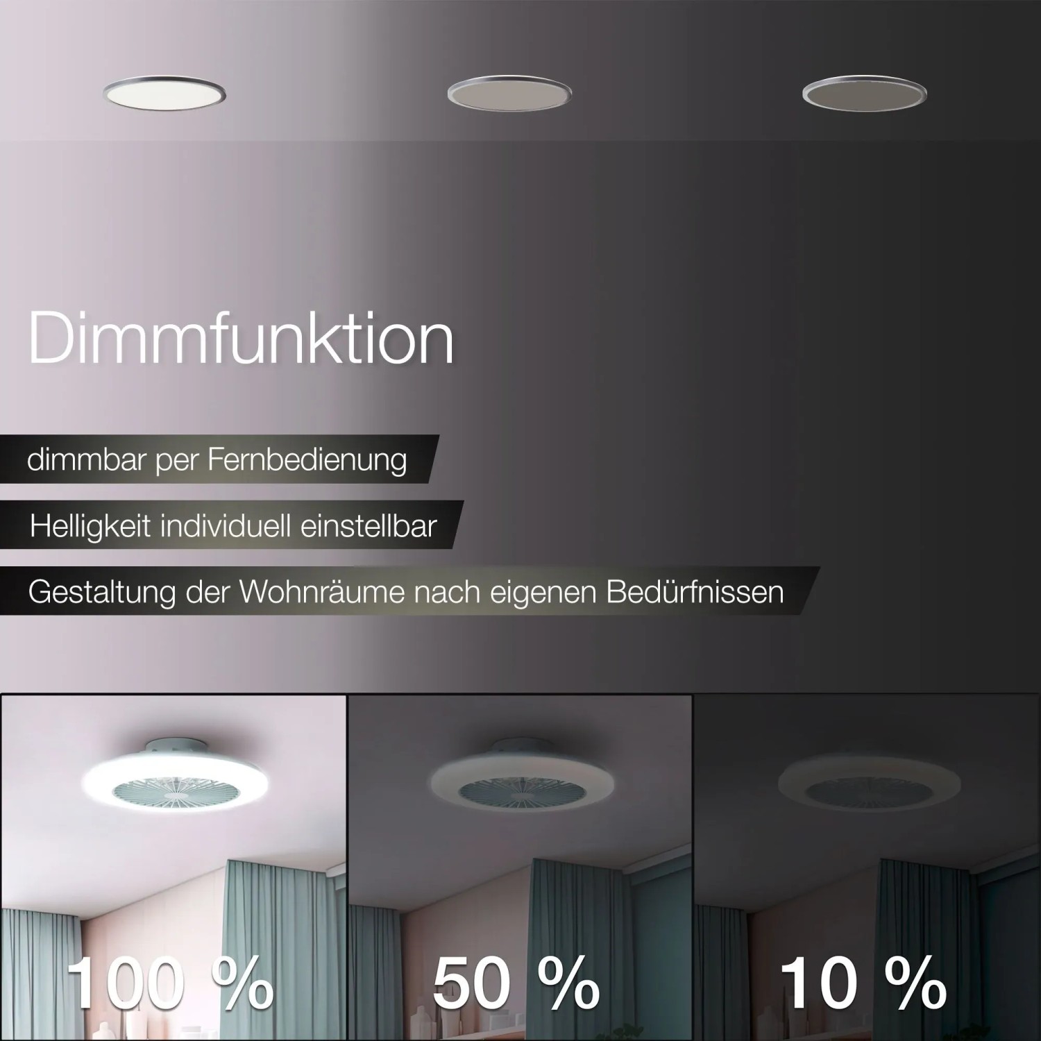 LED-Deckenleuchte Salerno mit Ventilator, dimmbar, in Weiß. Verschiedene Dimmstufen werden dargestellt.