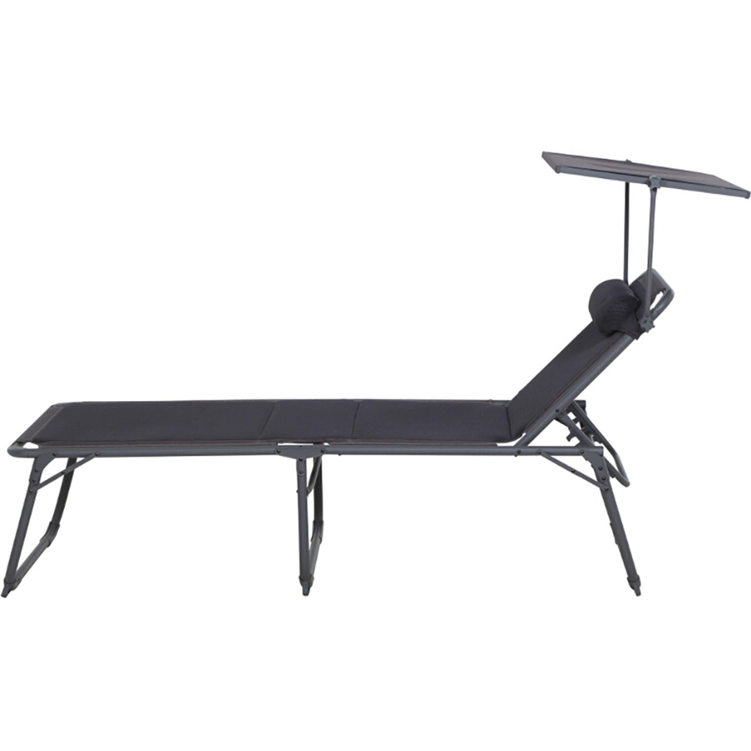 Anthrazitfarbene Siena Garden Campingliege Premium mit Sonnendach und Kopfkissen.