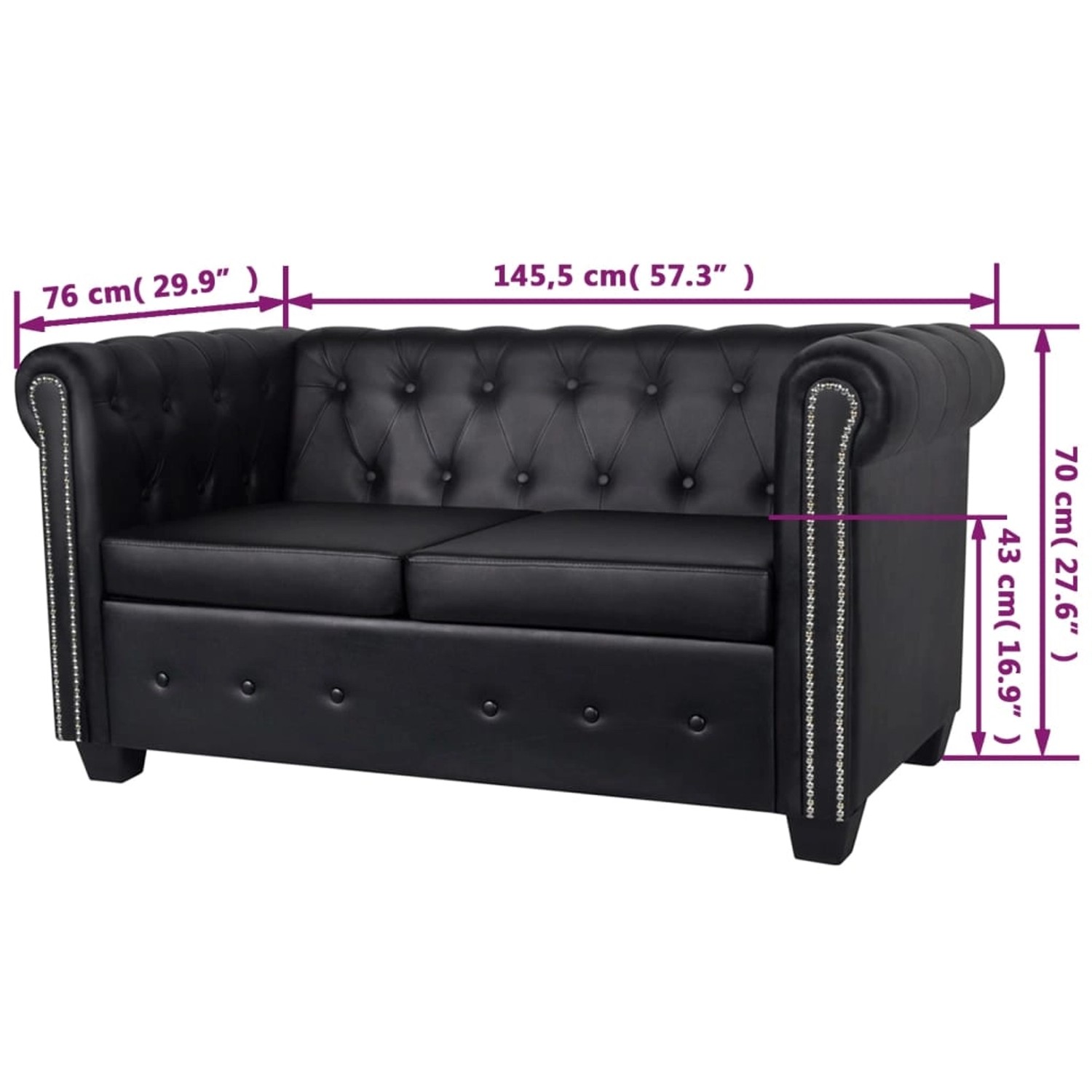 Schwarzes 2-Sitzer Chesterfield Sofa aus Kunstleder mit Knopfheftung und Ziernägeln.