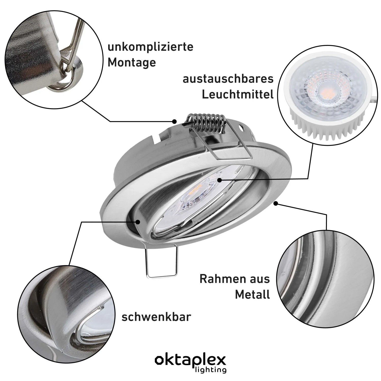 Oktaplex Dijon Einbauleuchte, 12er Set, schwenkbar, Edelstahl gebürstet, für 50mm LED Module