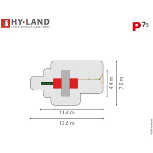 Draufsicht Hy-Land Spielgerät P7S mit Rutsche und Doppelschaukel, Maße: 13,6 x 7,5 m.