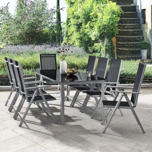 9-teilige Juskys Gartengarnitur Milano mit Tisch und 8 Stühlen in Silbergrau. Gartenmöbel-Set mit Glasplatte.