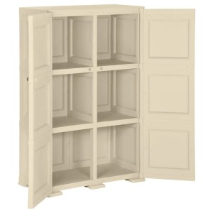 Offener, weißer vidaXL Kunststoffschrank (79x43x125 cm) im Holzdesign, geeignet als Büroschrank.