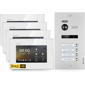 Balter EVO-HD Video-Türsprechanlage für 4-Familienhaus mit 4 Monitoren und Türstation.