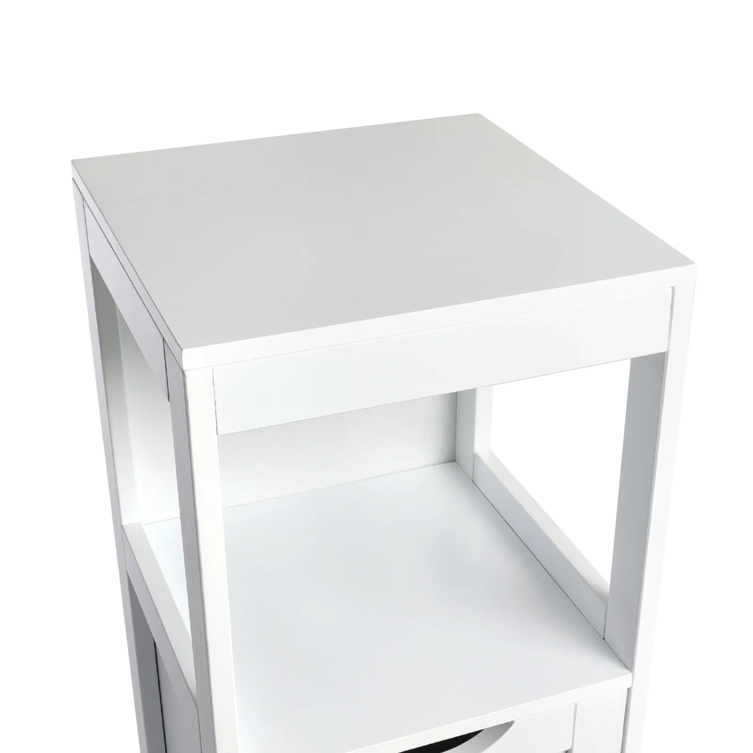 Svita Lintu Badregal, weißes Standregal mit Schubladen und Holzoptik für Badezimmer.