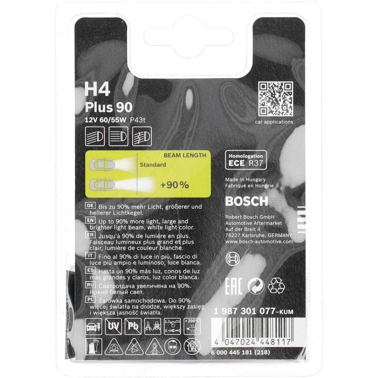 Bosch H4 Plus90 Halogenlampe für Autos: Mehr Licht und Sicherheit im Straßenverkehr.