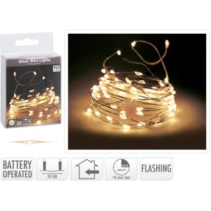 LED Lichterkette mit 100 warmweißen LEDs und Funkeleffekt auf Silberdraht für den Innenbereich.