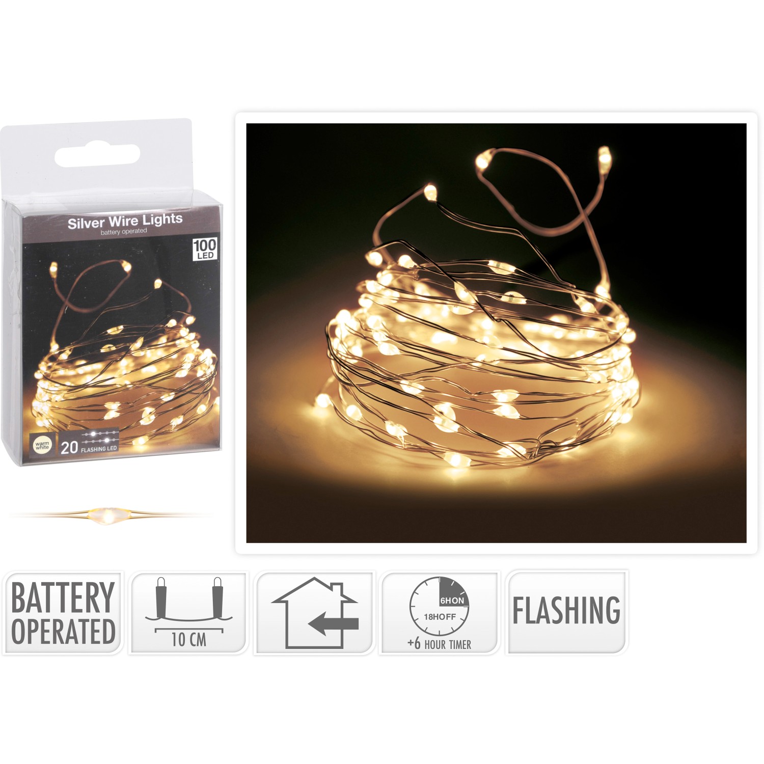 LED Lichterkette 100 warmweiße LEDs Silberdraht mit Funkeleffekt innen