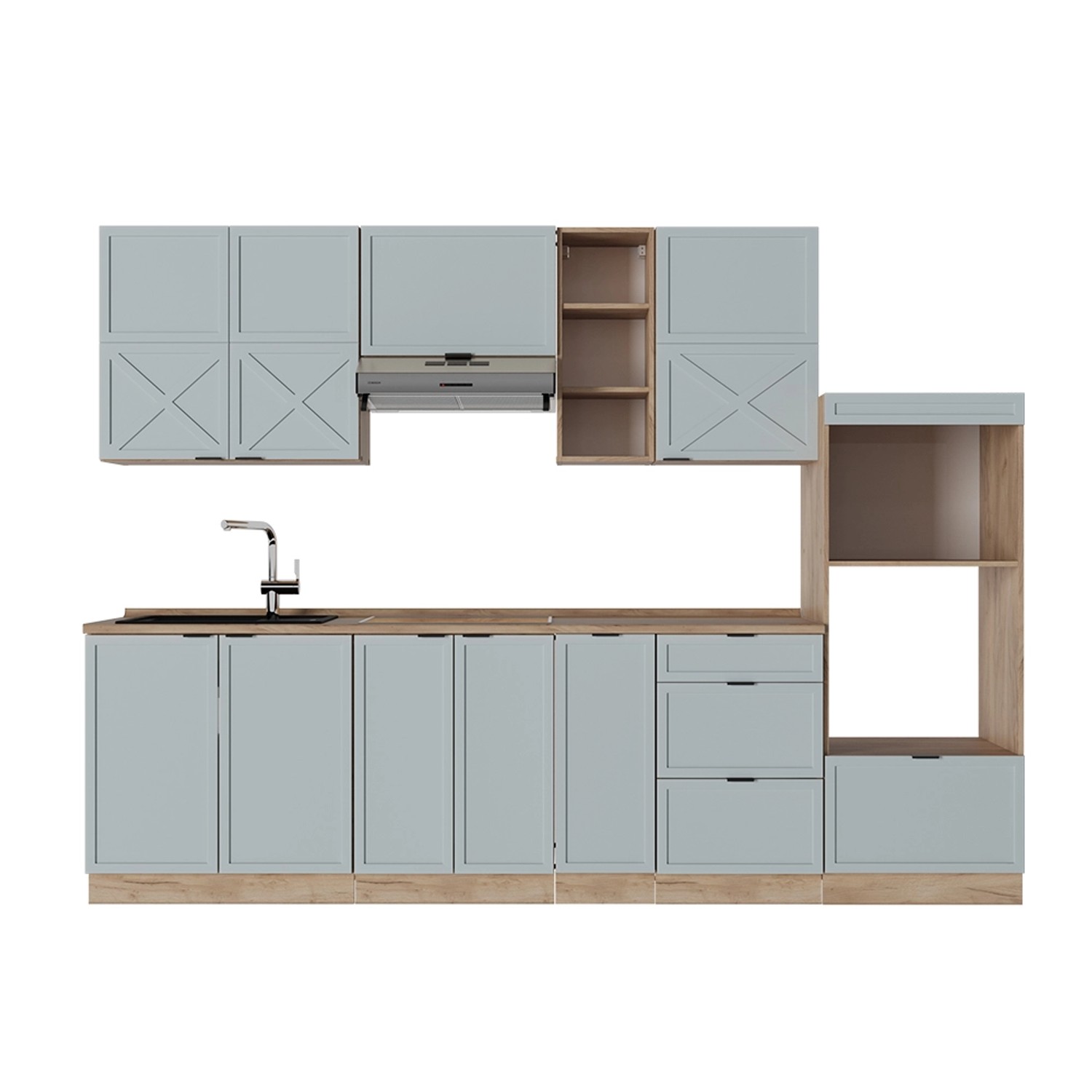 Vicco Fame-Line Küchenzeile Hellblau-grau/Goldkraft Eiche 280 cm AP Eiche günstig online kaufen