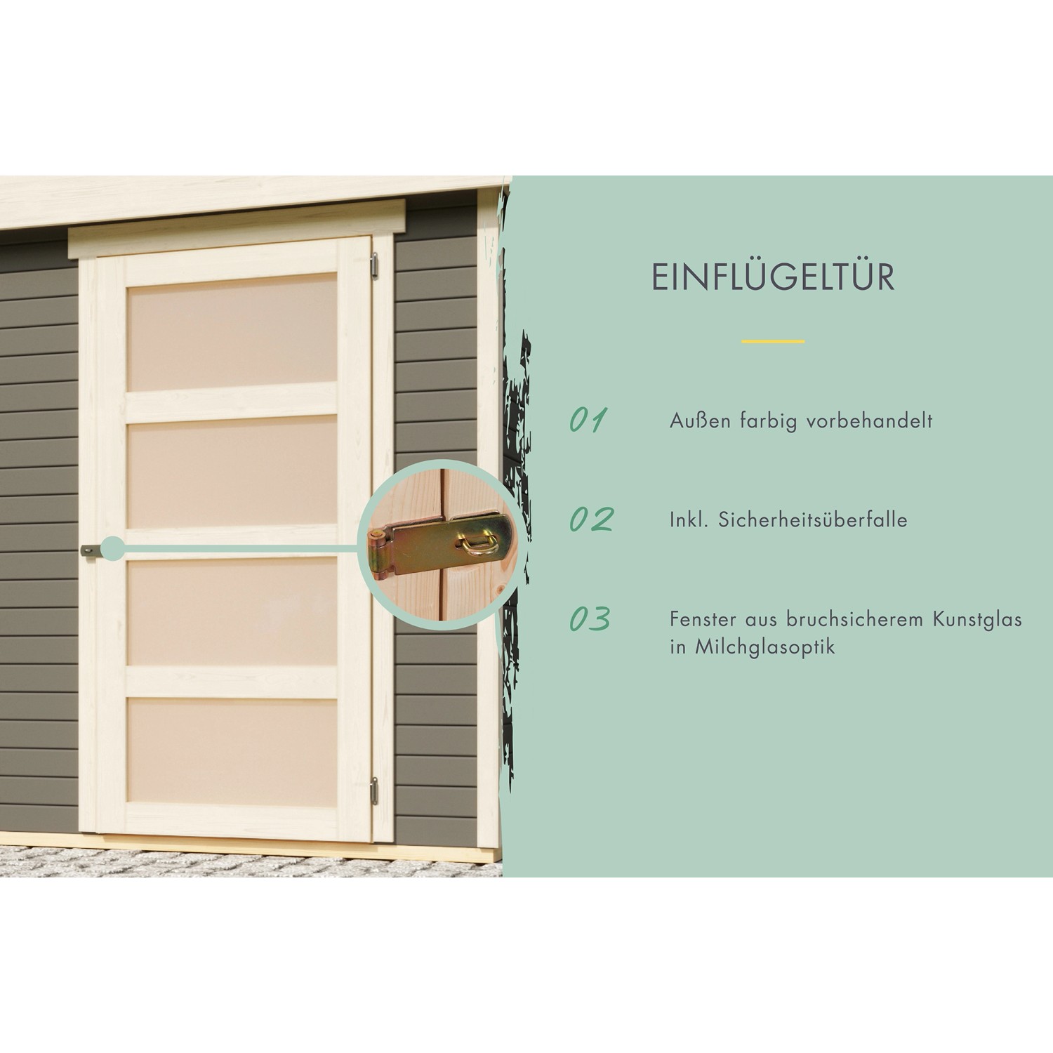 Detailaufnahme: Tür mit Sicherheitsüberfalle für Karibu Gartenhaus Nürnberg, terragrau.