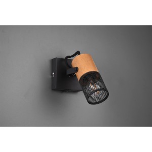 Schwarzer 1er Spot Tosh mit Holzdetails, geeignet für E14 Leuchtmittel bis 40W.