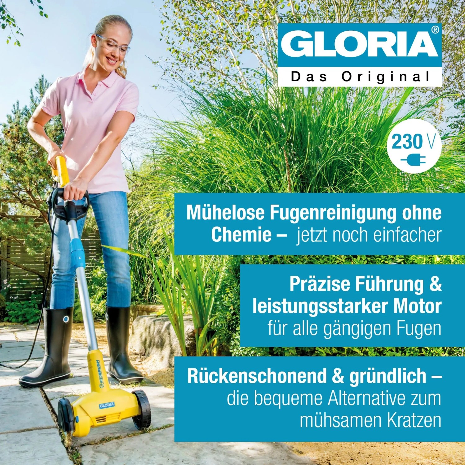 Frau nutzt Gloria Elektro-Unkrautfugenbürste WeedBrush zur Fugenreinigung im Garten.