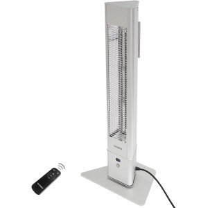 Silberner Vasner Infrarot-Heizstrahler HeatTower 2500 W mit Fernbedienung für Terrasse und Garten.