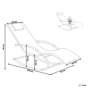 Abbildung der Beliani Gartenliege in Blau, Schwarz und Silber mit Maßangaben.