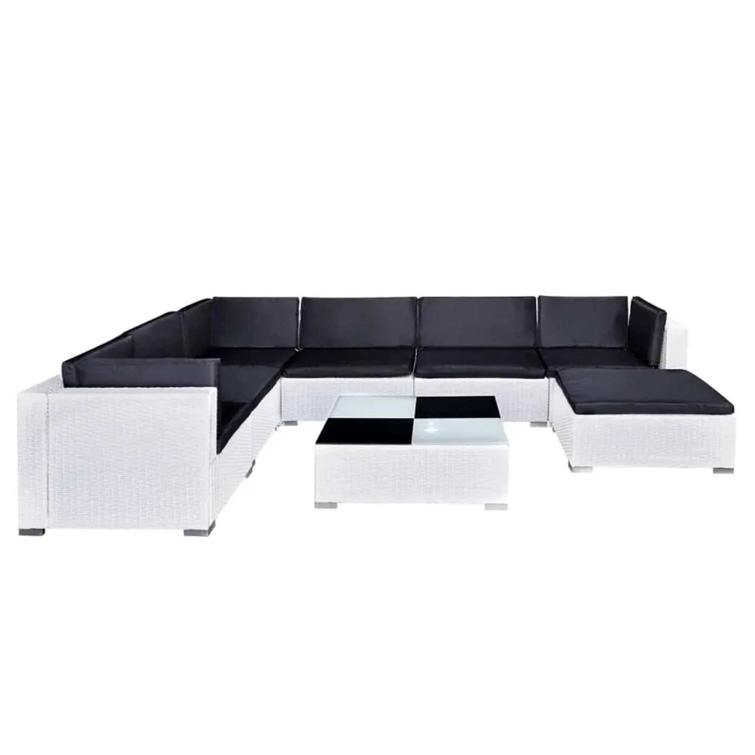 Weißes 8-tlg. Garten Lounge Set aus Rattan mit schwarzen Auflagen und Tisch.
