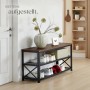Tectake Schuhregal Blackpool im Industrial Style: Dunkles Holz, schwarzes Stahlgestell, zwei Gitterablagen, Schuhe im Flur.