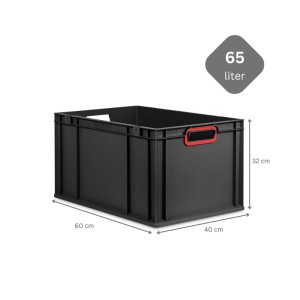 PROREGAL Eurobox Sparset, 65 Liter, schwarz mit roten Griffen und Auflagedeckel. Ideal zur Aufbewahrung und Transport.