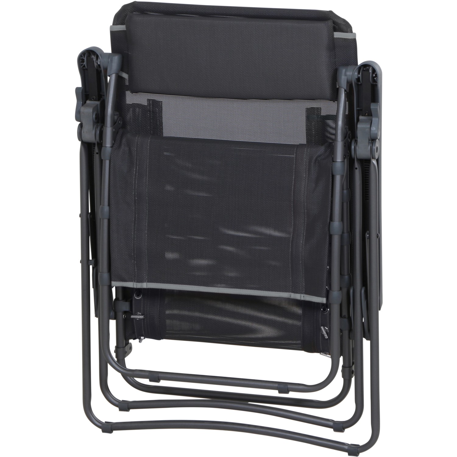 Zusammengeklappter, anthrazitfarbener Siena Garden Campingstuhl Relax Comfort. Kompakt für Transport und Lagerung.