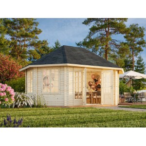 Palmako Holz-Pavillon Hanna, braun tauchgrundiert, 571x421 cm, mit geöffneten Doppeltüren im Garten.