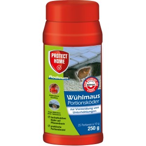 Protect Home Rodicum Wühlmaus Portionsköder 250g im roten Behälter.