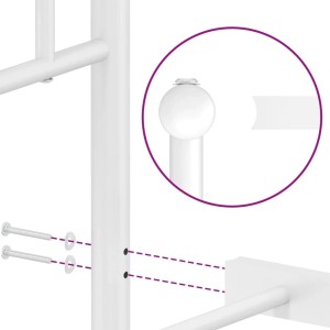 Detailansicht: Weißes Metallbettgestell mit Schrauben und abgerundetem Kopfteil.