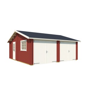 Doppel-Holzgarage Falkland in Schwedenrot mit zwei Holztoren.