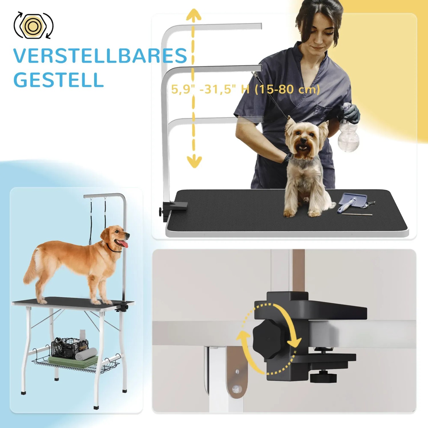 PawHut Tierpflegetisch, schwarz, mit verstellbarem Arm und Ablage für Hundefellpflege.