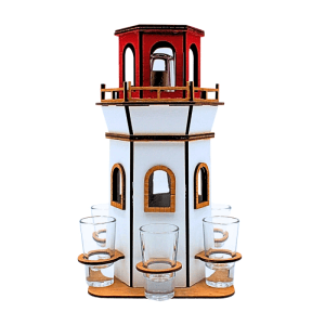 Dekorativer Leuchtturm aus Laserholz, weiß-rot, mit 6 Schnapsgläsern und Karaffe. Maritimes Geschenkset.