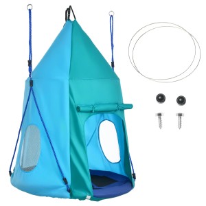 Blaue Outsunny Kinderschaukel mit Zelt, Stahlrahmen, ideal zum Spielen und Entspannen.