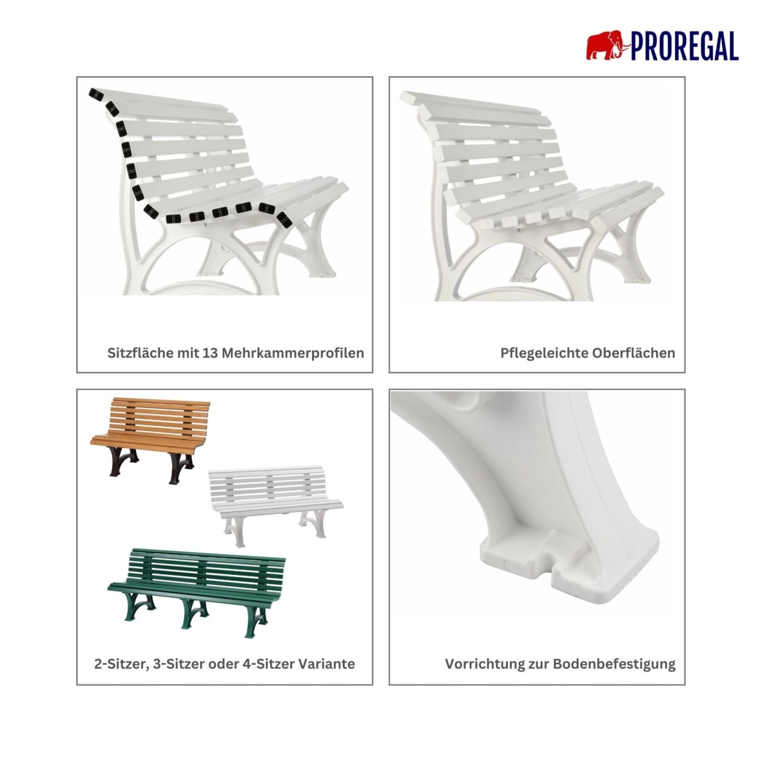 PROREGAL Gartenbank Jamaika, 4-Sitzer, grün, Details zu Sitzfläche, Oberfläche, Varianten und Bodenbefestigung.