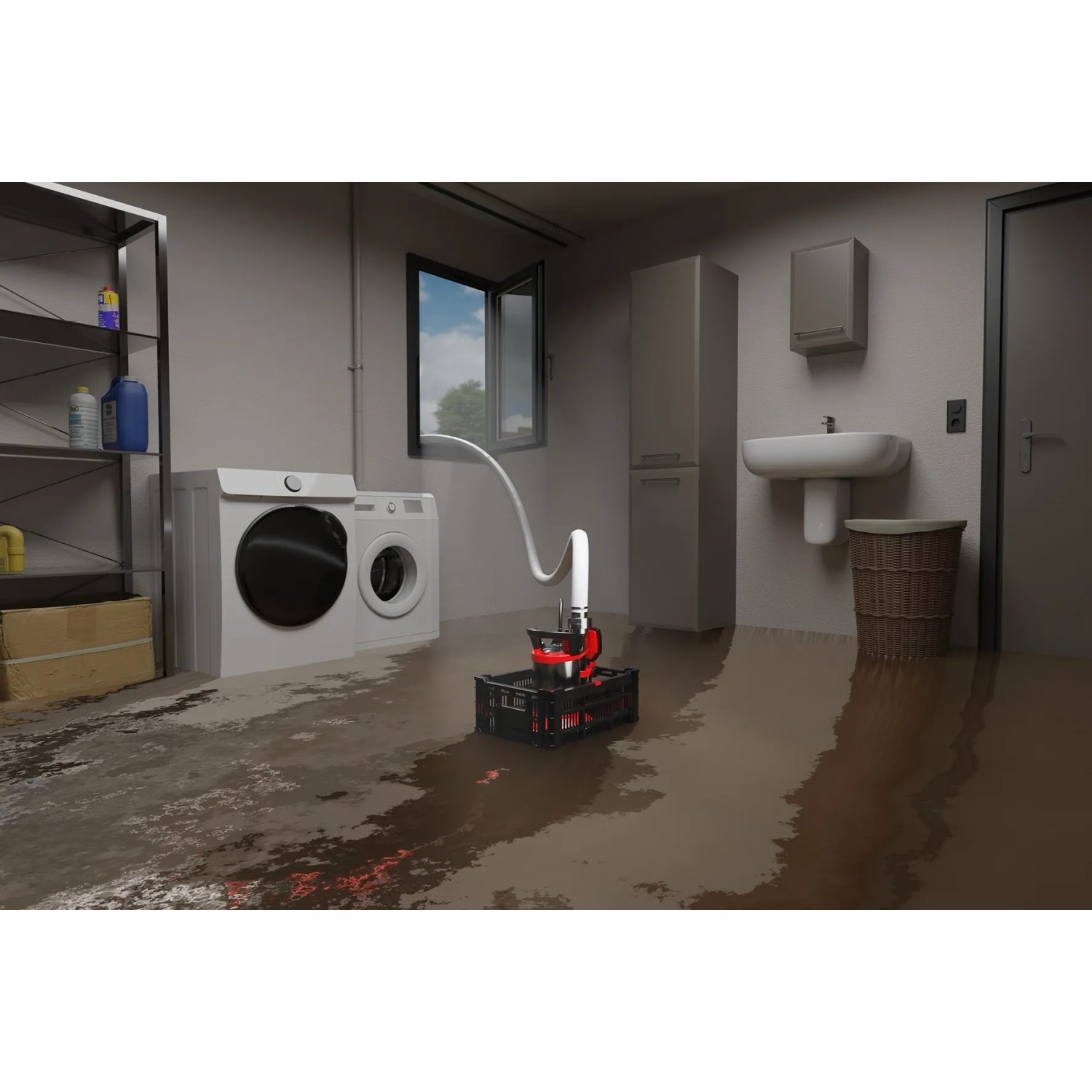 Einhell GE-DP 7535 N LL Eco Flutset im Einsatz gegen Hochwasser im Keller.