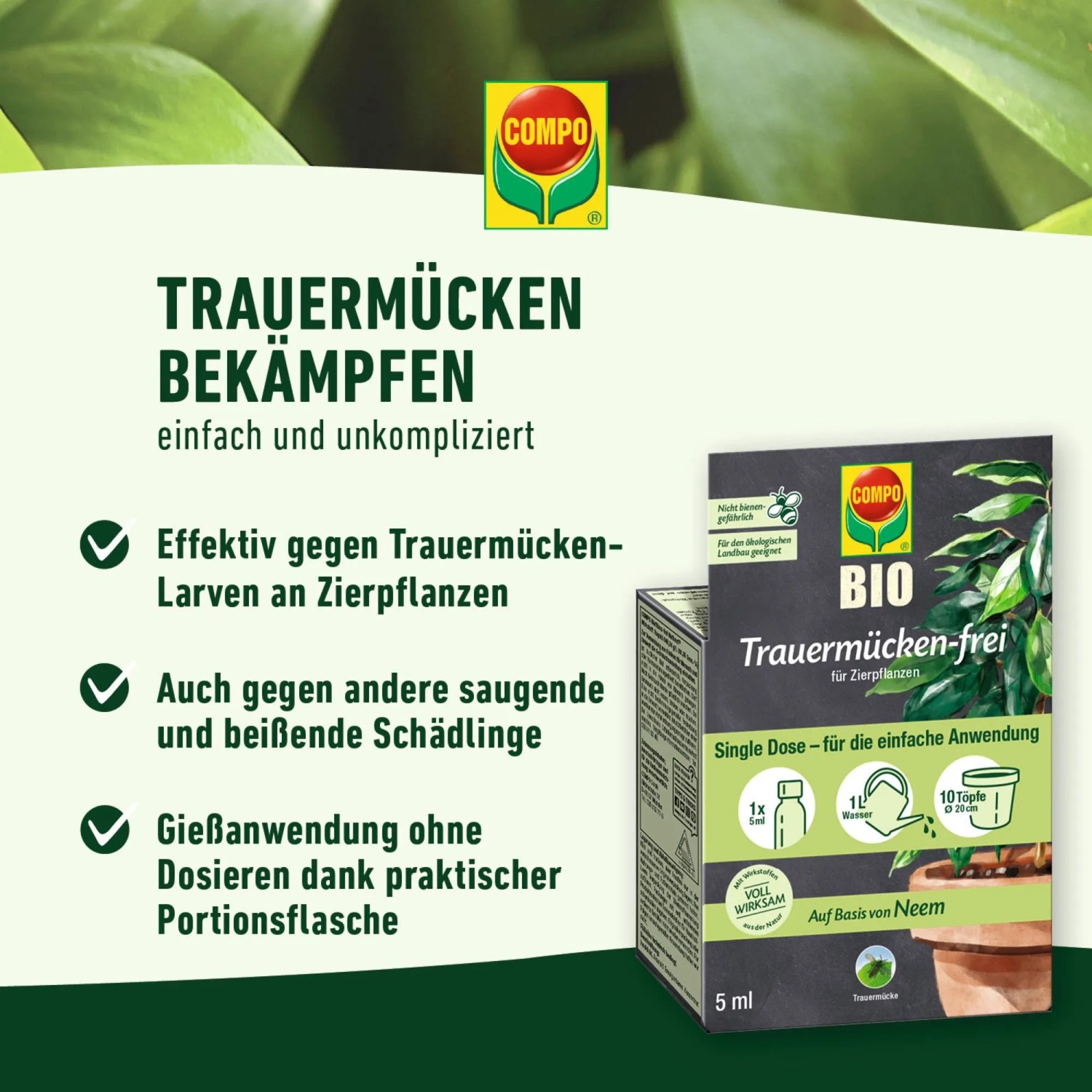 Compo Trauermücken-frei, 5 ml Flasche zur Schädlingsbekämpfung an Pflanzen.
