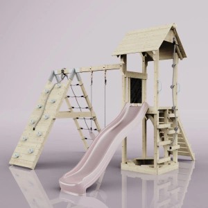 OutdoorToys Spielturm Trondheim mit Schaukel in Altrosa, Kletterwand, Rutsche und Kletternetz.