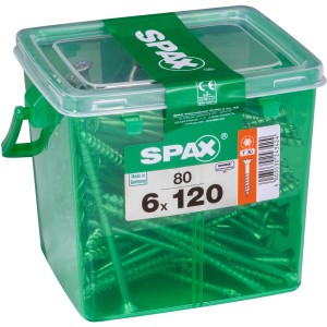 Spax Universalschrauben 6x120 mm, 80 Stück im grünen Behälter.