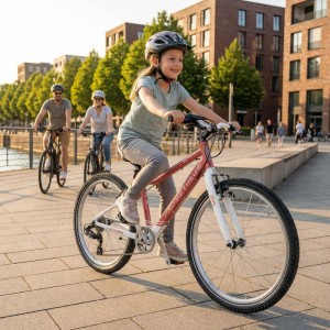 Lachendes Mädchen auf korallweißem PROMETHEUS BIKES 24 Zoll Kinderfahrrad mit 8-Gang Schaltung. Ultraleichtes Fahrrad für Fahrspaß.