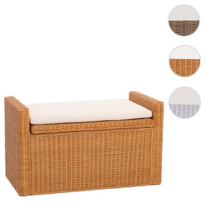 Honigfarbene MCW Sitzbank Genua aus Rattan mit Staufach und Sitzkissen.
