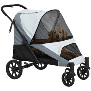 Grauer PawHut Hundewagen mit Hund. Ideal für Spaziergänge mit Ihrem Vierbeiner.