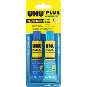 Uhu Plus Schnellfest 2-K-Epoxidkleber, transparent, 2 Tuben mit 18g+17g Inhalt.