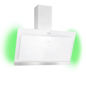 Klarstein Aurora Eco 90 Dunstabzugshaube, weiß, Kopffrei-Design mit Glasfront, Edelstahlleiste und grünem Ambientelicht.