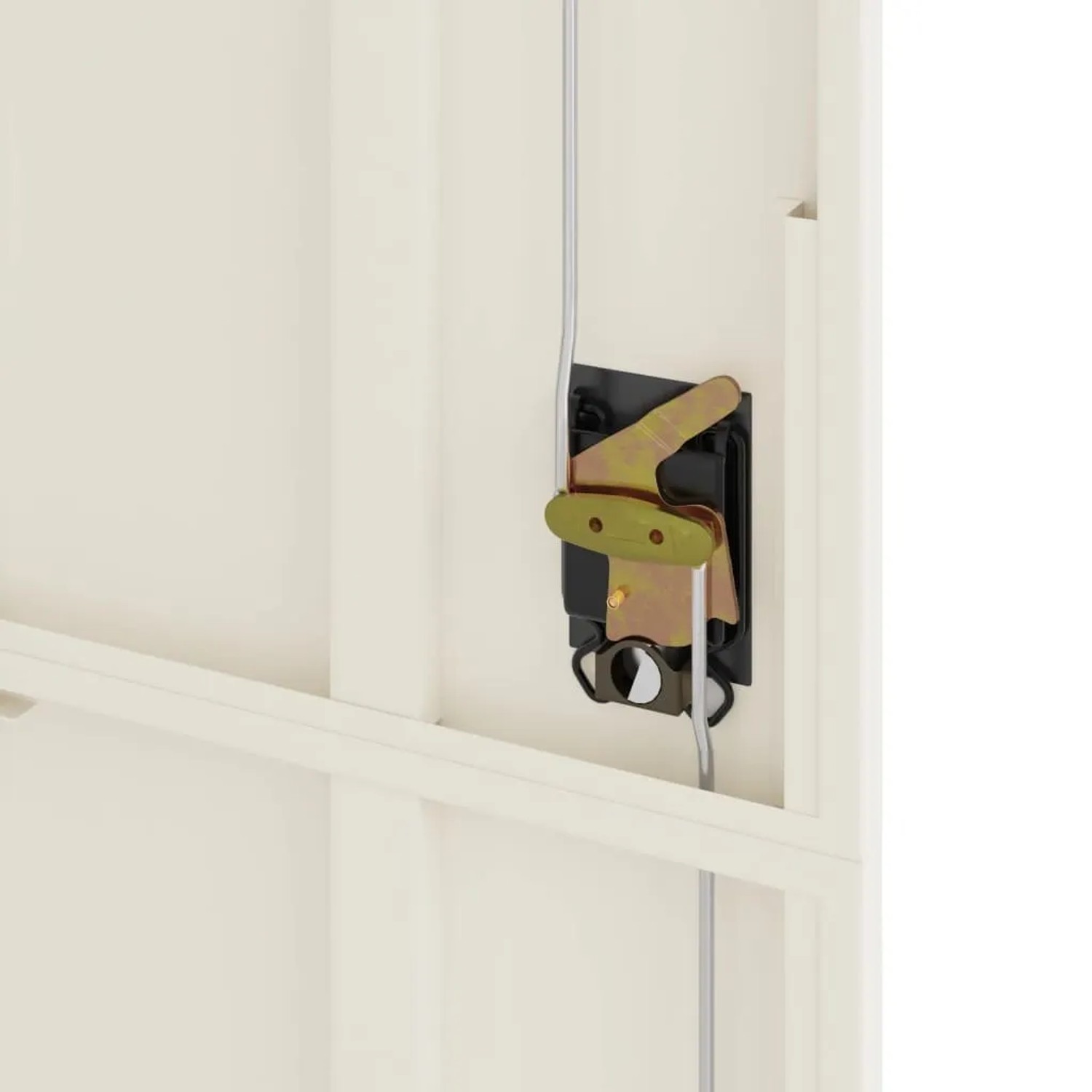 Detailaufnahme: Schließmechanismus des weißen vidaXL Aktenschranks aus Stahl (90x40x200 cm).