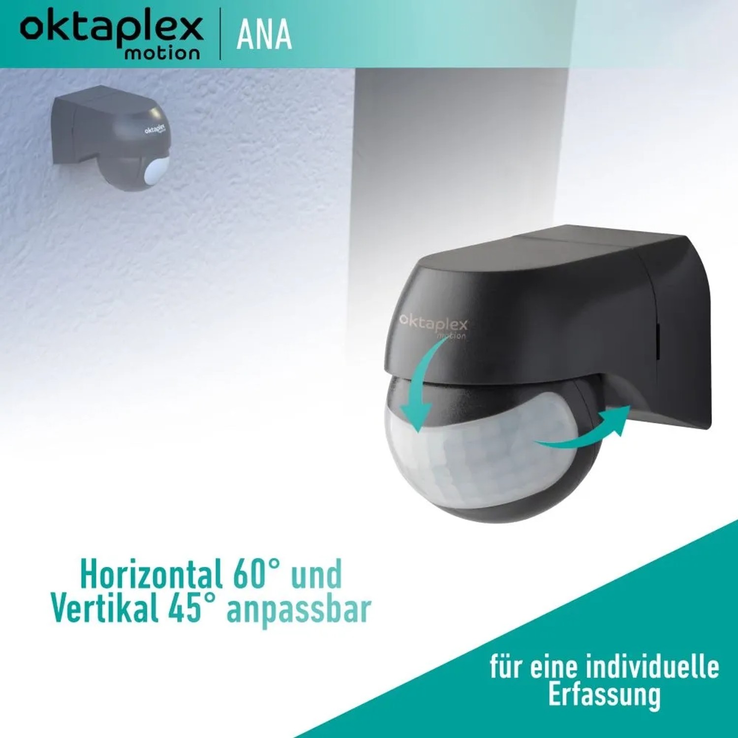 Oktaplex Ana Bewegungsmelder, anthrazit, 180° Erfassungswinkel, zur Wandmontage.