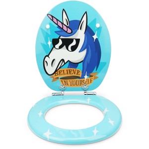 Sanfino WC-Sitz Funky Unicorn, Toilettendeckel mit Absenkautomatik, hellblau mit Einhorn Motiv.